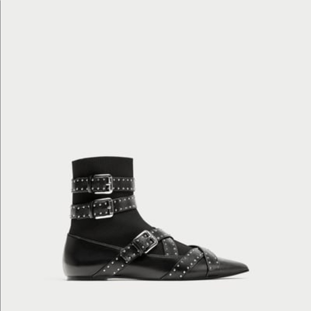 Zara Basic Collection - Buckled Flat Sock Ankle Boot - Size 38- NWT